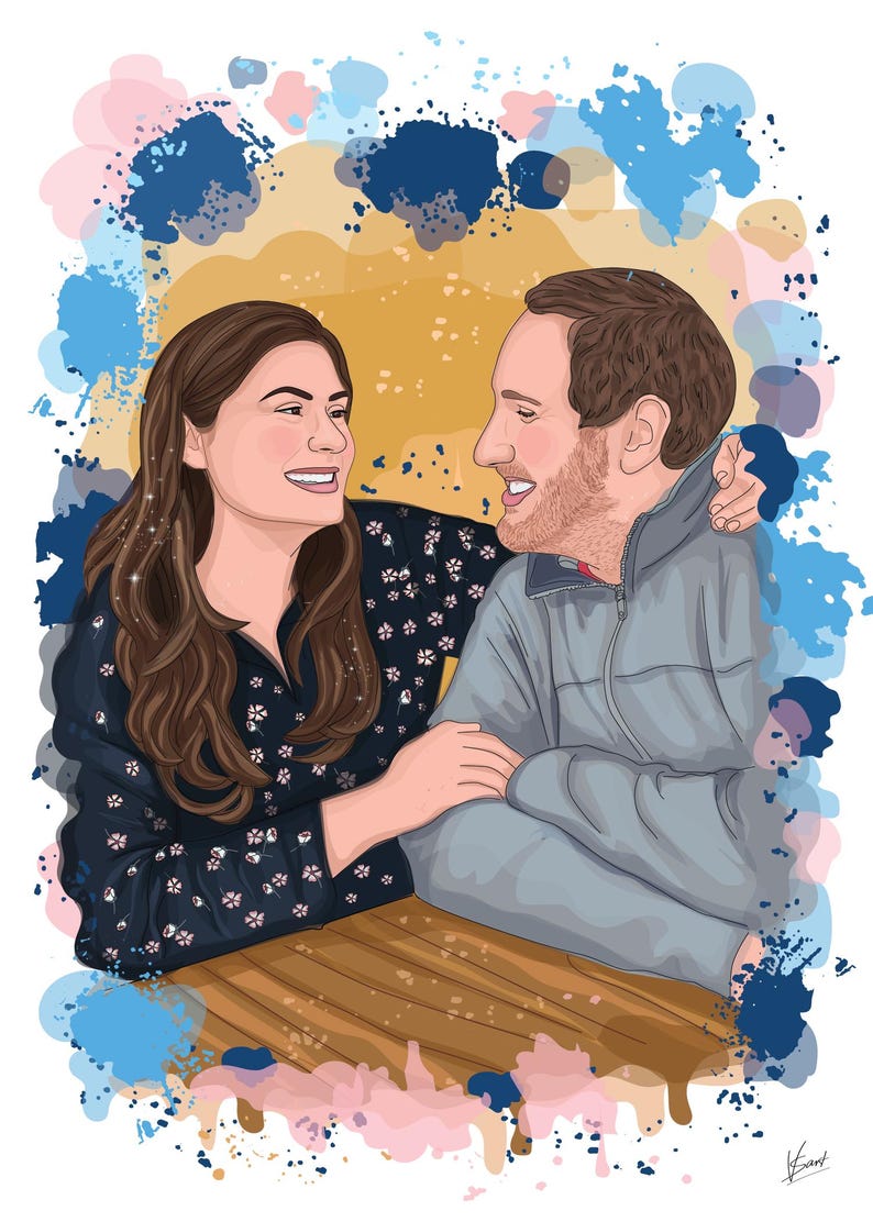 May include: Digital illustration of a couple smiling and embracing. The woman wears a dark blue floral top, and the man wears a gray jacket. The background features a yellow and white gradient with blue and pink paint splatters.