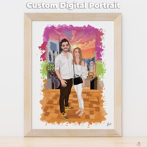 May include: A framed custom digital portrait of a couple in a city setting. The artwork features a man and woman in casual attire, set against a colorful, stylized cityscape with the text "Custom Digital Portrait" at the top.