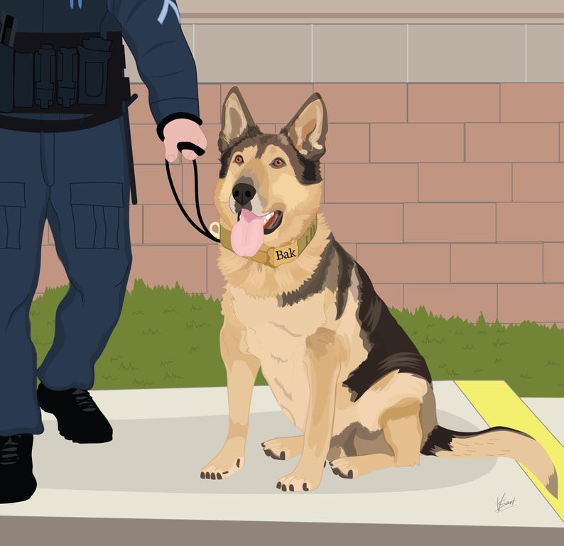May include: An illustration of a German Shepherd dog wearing a collar that says "Bak". The dog is sitting on a sidewalk next to a person in a blue uniform. The dog has tan, black, and brown fur.