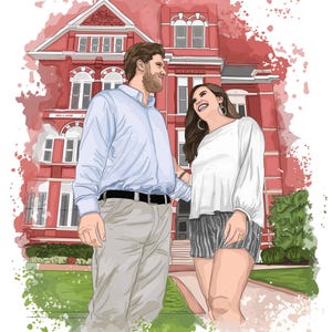 May include: Digital illustration of a couple in front of a red brick building. The man wears a light blue shirt and khaki pants, while the woman wears a white top and striped shorts. The words "I Love You!" are written at the bottom.