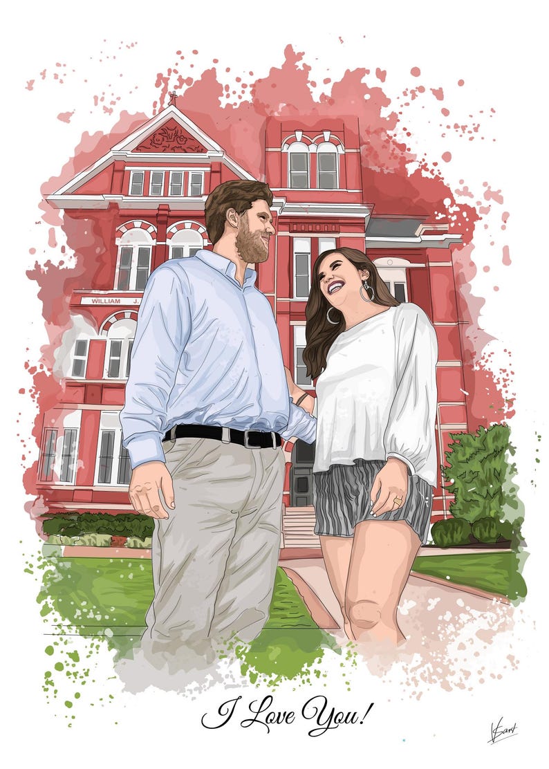 May include: Digital illustration of a couple in front of a red brick building. The man wears a light blue shirt and khaki pants, while the woman wears a white top and striped shorts. The words "I Love You!" are written at the bottom.