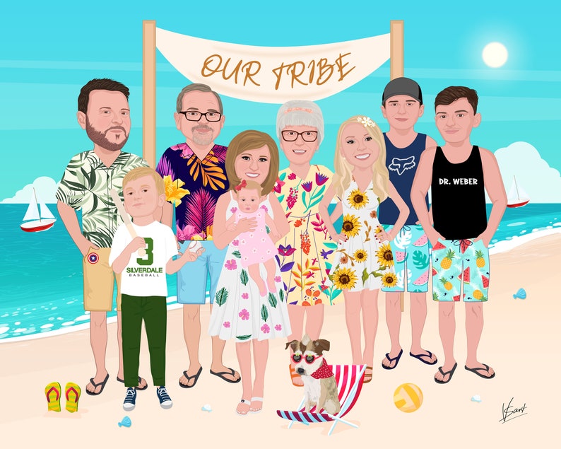 Może przedstawiać: Cyfrowa ilustracja rodziny na plaży z napisem "OUR TRIBE" na banerze. Grupa obejmuje dorosłych, dzieci i psa, wszyscy w kolorowych strojach plażowych. Tło przedstawia słoneczne niebo, ocean i żagl&oacute;wkę.