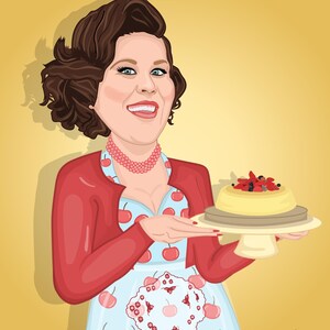Puede incluir: Ilustraci&oacute;n de una mujer sosteniendo un pastel sobre un pedestal. Lleva una rebeca roja, un delantal con estampado de cerezas y un collar de cuentas rosas. El pastel est&aacute; cubierto de bayas, sobre un fondo amarillo.