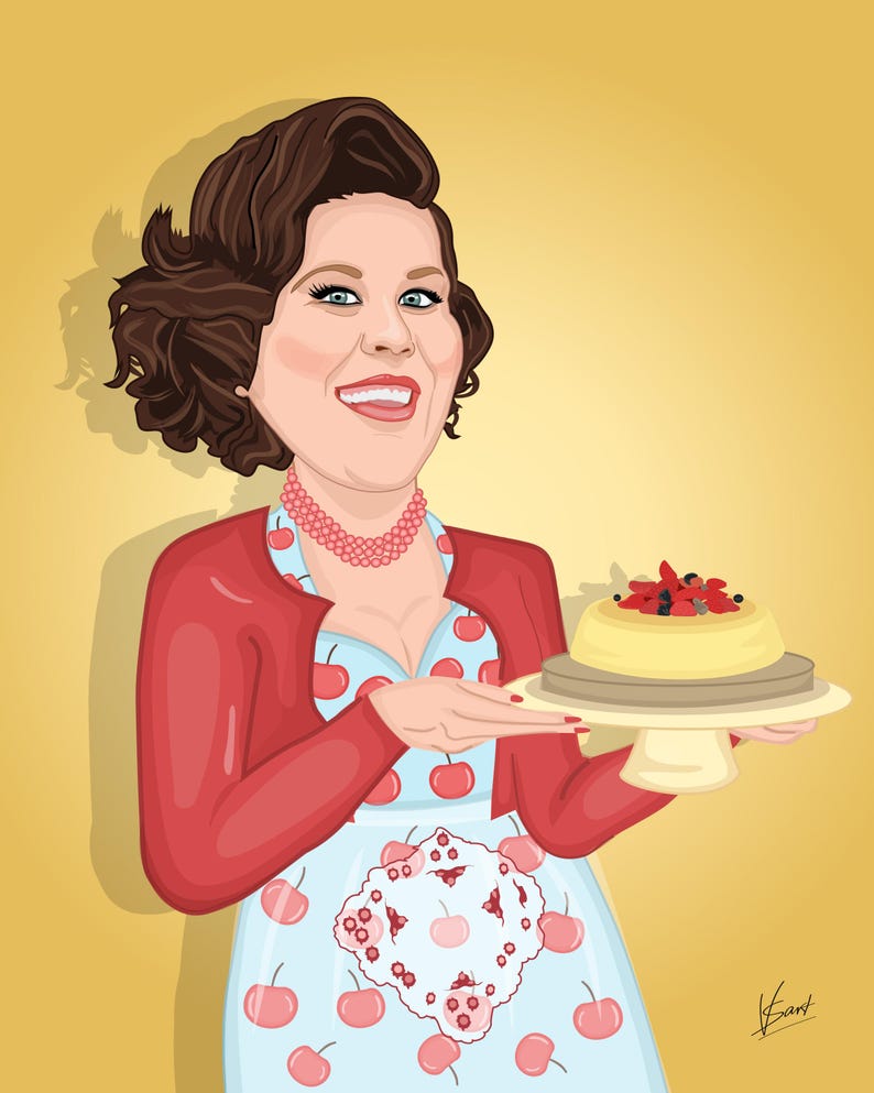 Puede incluir: Ilustraci&oacute;n de una mujer sosteniendo un pastel sobre un pedestal. Lleva una rebeca roja, un delantal con estampado de cerezas y un collar de cuentas rosas. El pastel est&aacute; cubierto de bayas, sobre un fondo amarillo.