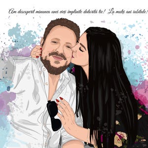 May include: Digital illustration of a couple, with the woman kissing the man on the cheek. The man wears a white shirt and has a beard. The woman has long black hair and a floral top. Text in Romanian is visible.