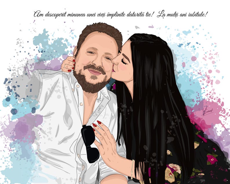 May include: Digital illustration of a couple, with the woman kissing the man on the cheek. The man wears a white shirt and has a beard. The woman has long black hair and a floral top. Text in Romanian is visible.