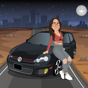 Puede incluir: Ilustraci&oacute;n de dibujos animados de una persona apoyada en un coche Volkswagen GTI negro. El coche est&aacute; en una carretera des&eacute;rtica bajo un cielo nocturno con luna llena y horizonte urbano. La persona lleva gafas, un top rojo y vaqueros rotos.
