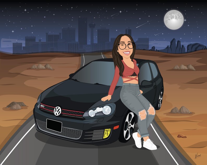 Puede incluir: Ilustraci&oacute;n de dibujos animados de una persona apoyada en un coche Volkswagen GTI negro. El coche est&aacute; en una carretera des&eacute;rtica bajo un cielo nocturno con luna llena y horizonte urbano. La persona lleva gafas, un top rojo y vaqueros rotos.