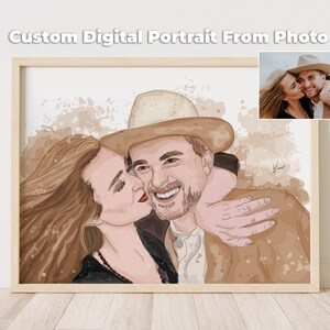 First Anniversary Gift for Husband and Wife, Custom Cartoon Watercolor Couple Portrait From Photo, Personalized Paper Anniversary Art image 1
