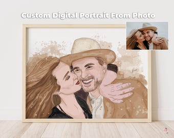 Regalo de primer aniversario para marido y mujer, retrato personalizado de pareja en acuarela a partir de una foto, arte de aniversario en papel personalizado.
