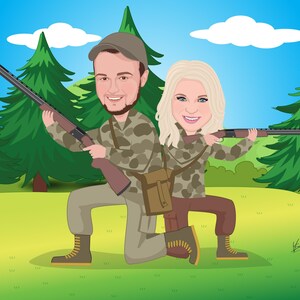 May include: Cartoon illustration of a couple in camouflage clothing, kneeling and holding shotguns. The background features green trees, blue sky, and white clouds. The man wears a brown cap and the woman has blonde hair.