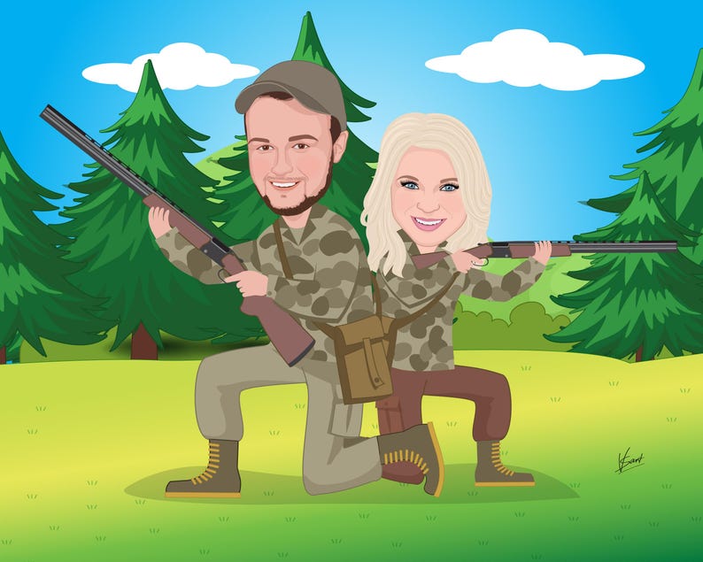 May include: Cartoon illustration of a couple in camouflage clothing, kneeling and holding shotguns. The background features green trees, blue sky, and white clouds. The man wears a brown cap and the woman has blonde hair.