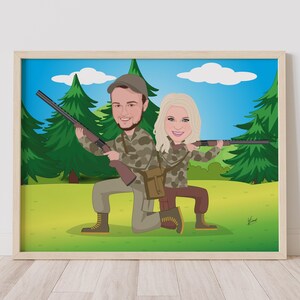 May include: A framed cartoon illustration of two people in camouflage clothing, each holding a rifle. The background features a forest scene with green trees, blue sky, and white clouds. The artwork is set in a light-colored wooden frame.