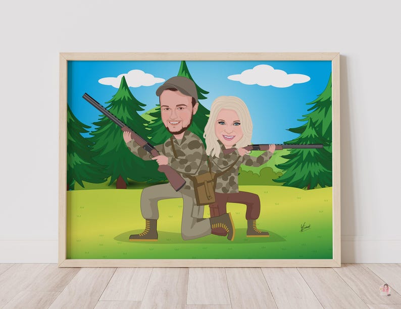 May include: A framed cartoon illustration of two people in camouflage clothing, each holding a rifle. The background features a forest scene with green trees, blue sky, and white clouds. The artwork is set in a light-colored wooden frame.