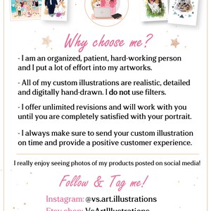 May include: A promotional graphic with the text "Why choose me?" and social media handles. The image includes examples of custom illustrations, including portraits of people and pets. The artist offers custom, detailed, hand-drawn illustrations.