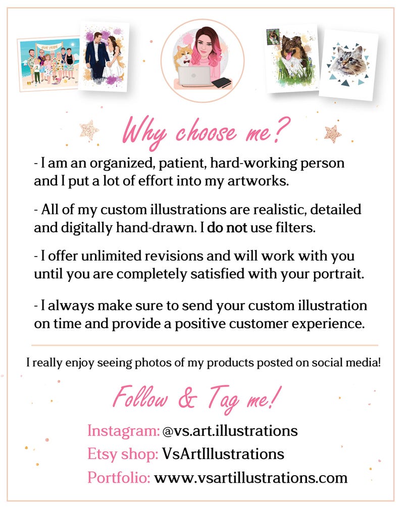 May include: A promotional graphic with the text "Why choose me?" and social media handles. The image includes examples of custom illustrations, including portraits of people and pets. The artist offers custom, detailed, hand-drawn illustrations.