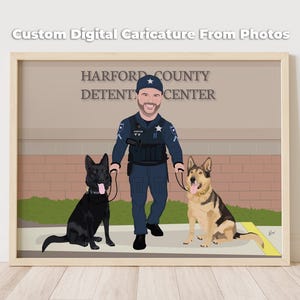 May include: A framed digital caricature featuring a police officer with two dogs. The officer is in uniform, and the dogs are a black German Shepherd and a tan and black German Shepherd. The text "Custom Digital Caricature From Photos" is at the top.