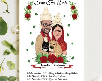 Custom Indian - Bengali Wedding Invitation, Personalized Wedding Couple Invitation Card, Custom Indian Caricature Invitations Save The Date
