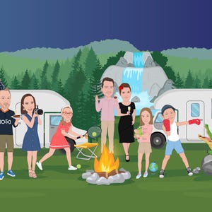 Może przedstawiać: Ilustracja sceny rodzinnego kempingu z dwoma kamperami, ogniskiem i wodospadem. Ludzie są przedstawieni podczas r&oacute;żnych aktywności, w tym gry w tenisa, robienia zdjęć i boksu. Obecny jest r&oacute;wnież zielony aligator.