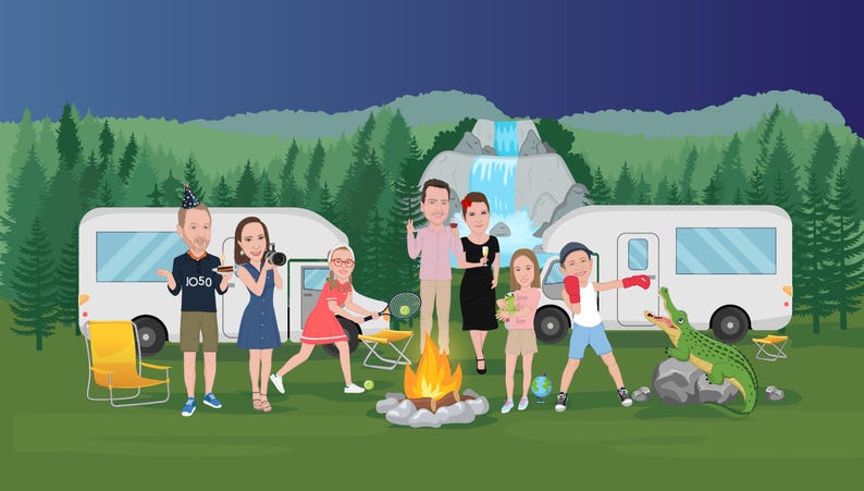 Może przedstawiać: Ilustracja sceny rodzinnego kempingu z dwoma kamperami, ogniskiem i wodospadem. Ludzie są przedstawieni podczas r&oacute;żnych aktywności, w tym gry w tenisa, robienia zdjęć i boksu. Obecny jest r&oacute;wnież zielony aligator.
