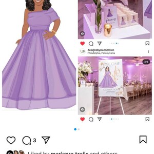 May include: Digital illustration of a woman in a lavender gown, part of a social media post. The post includes event decorations and favors. Text on the image reads "WELCOME CELEBRATION". The post is for a birthday celebration.