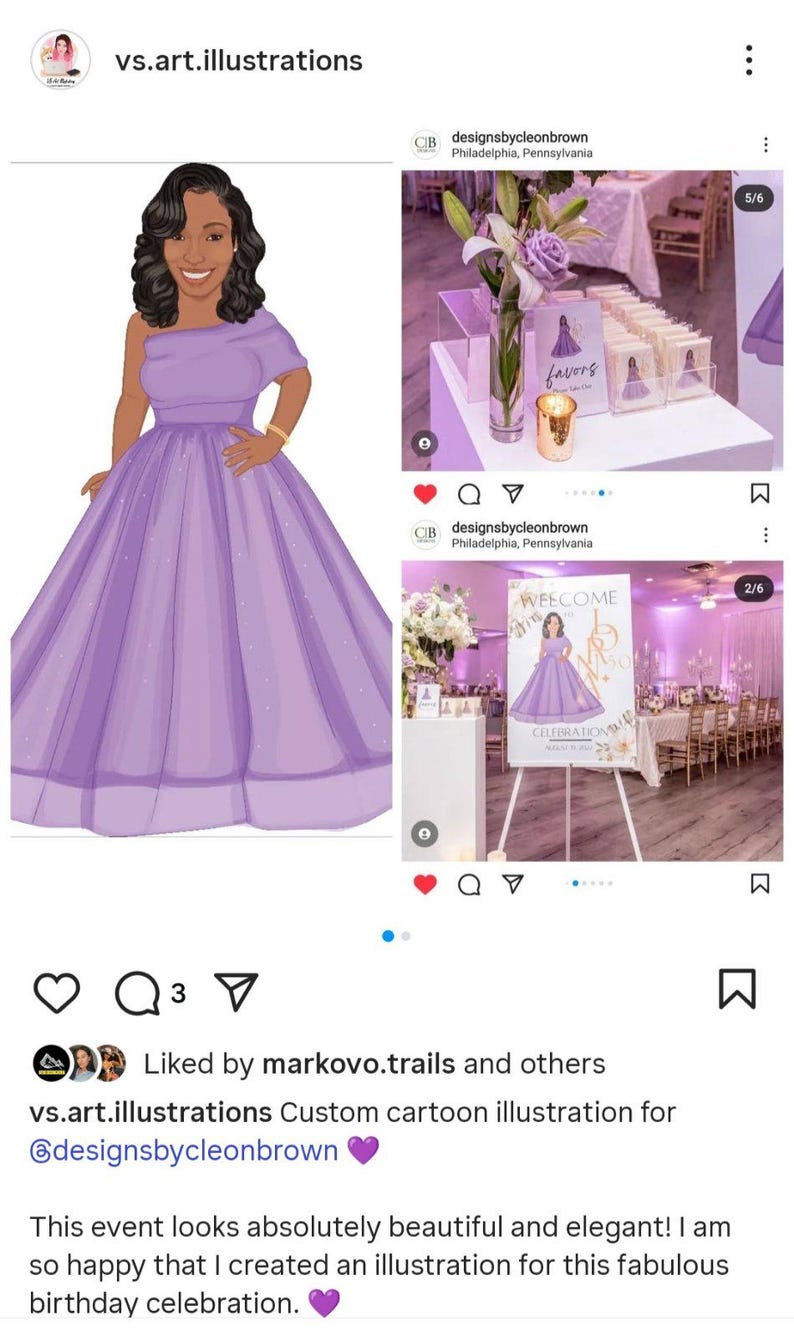 May include: Digital illustration of a woman in a lavender gown, part of a social media post. The post includes event decorations and favors. Text on the image reads "WELCOME CELEBRATION". The post is for a birthday celebration.