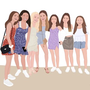 May include: Illustration of seven young people, each wearing different outfits. The group is smiling and posing together. The outfits include dresses, shorts, and tops in various colours and patterns. Some are wearing trainers, sandals, and carrying purses.