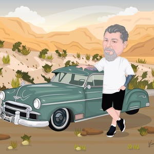 Puede incluir: Ilustraci&oacute;n de un coche vintage color turquesa con detalles cromados, estacionado en una carretera des&eacute;rtica. Una persona con camiseta blanca y pantalones cortos negros se apoya en el coche. El fondo presenta monta&ntilde;as des&eacute;rticas y vegetaci&oacute;n escasa.