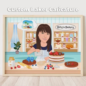 Puede incluir: Ilustraci&oacute;n enmarcada titulada "Custom Baker Caricature" que representa a una mujer en una panader&iacute;a. Est&aacute; mezclando ingredientes, con pasteles y pasteles en exhibici&oacute;n. La escena incluye una burbuja de pensamiento con una escena de playa y el texto "Billy's Bakery".