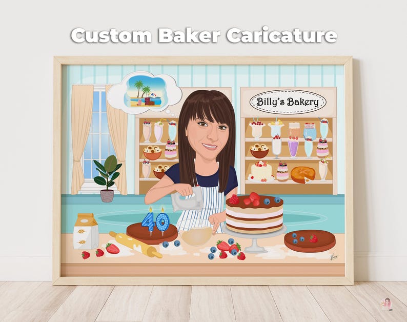 Puede incluir: Ilustraci&oacute;n enmarcada titulada "Custom Baker Caricature" que representa a una mujer en una panader&iacute;a. Est&aacute; mezclando ingredientes, con pasteles y pasteles en exhibici&oacute;n. La escena incluye una burbuja de pensamiento con una escena de playa y el texto "Billy's Bakery".