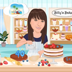 Puede incluir: Ilustraci&oacute;n de dibujos animados de una mujer en una panader&iacute;a, mezclando ingredientes. Un pastel en capas con fresas y ar&aacute;ndanos est&aacute; sobre un soporte para pasteles. Otros productos horneados se exhiben en el fondo. La panader&iacute;a se llama "Billy's Bakery".
