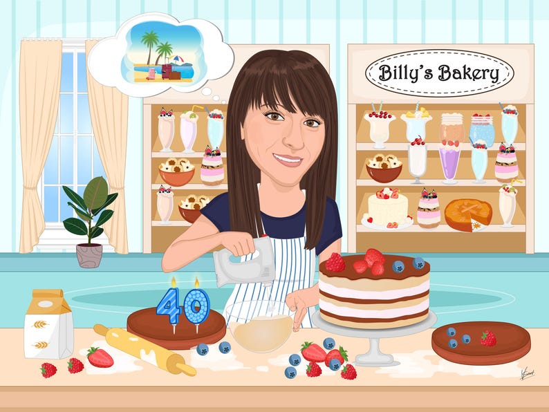 Puede incluir: Ilustraci&oacute;n de dibujos animados de una mujer en una panader&iacute;a, mezclando ingredientes. Un pastel en capas con fresas y ar&aacute;ndanos est&aacute; sobre un soporte para pasteles. Otros productos horneados se exhiben en el fondo. La panader&iacute;a se llama "Billy's Bakery".