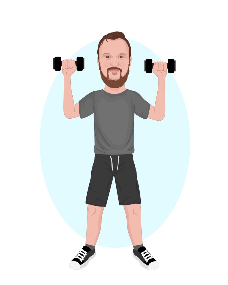 May include: Illustration of a person lifting two black dumbbells. The person is wearing a grey t-shirt, black shorts, and black and white trainers. The background features a light blue circle.