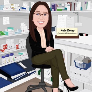 May include: Cartoon illustration of a pharmacist, Kelly Kemp, sitting in a pharmacy. She wears glasses, a black blazer, and olive green pants. Shelves behind her are stocked with medications. A nameplate reads "Kelly Kemp, Pharmacist Extraordinaire."