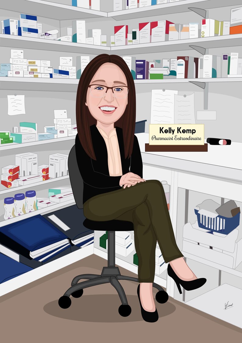May include: Cartoon illustration of a pharmacist, Kelly Kemp, sitting in a pharmacy. She wears glasses, a black blazer, and olive green pants. Shelves behind her are stocked with medications. A nameplate reads "Kelly Kemp, Pharmacist Extraordinaire."
