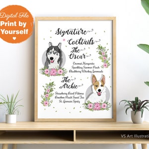 Letrero floral personalizado para cóctel de perro, decoración para bodas de mascotas, letrero de cóctel exclusivo con retrato personalizado de mascota, letrero de bebida exclusiva para mascotas