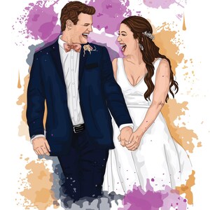 May include: Digital illustration of a laughing couple holding hands, likely a wedding portrait. The man wears a navy blue suit with a pink bow tie, and the woman is in a white dress. Colorful paint splatters are in the background.