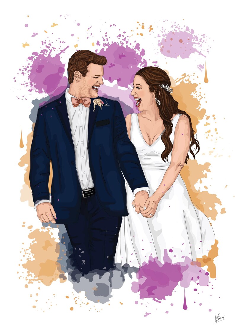 May include: Digital illustration of a laughing couple holding hands, likely a wedding portrait. The man wears a navy blue suit with a pink bow tie, and the woman is in a white dress. Colorful paint splatters are in the background.