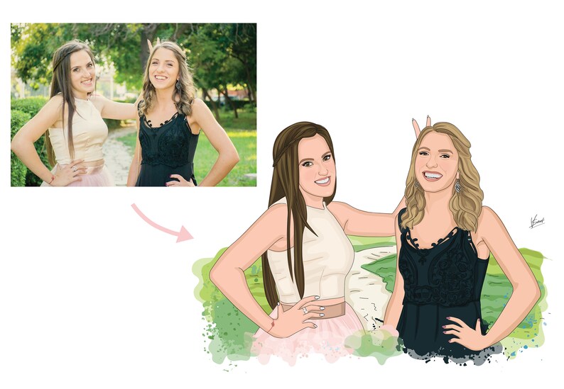 May include: Digital illustration of two women, one in a cream top and pink skirt, the other in a black dress. The image includes a photo of the women and a cartoon version of the photo.