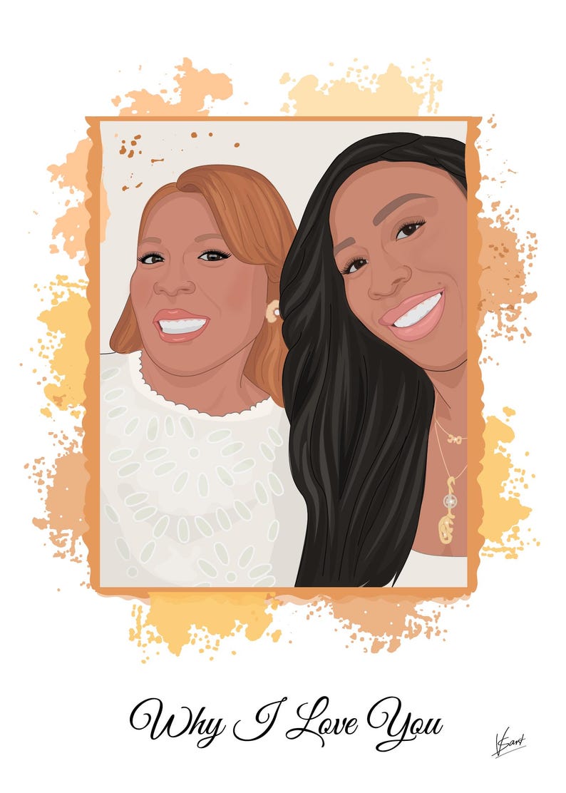 Puede incluir: Retrato digital de dos mujeres sonrientes en un marco de tonos c&aacute;lidos, sobre un fondo blanco con salpicaduras de pintura naranja. Una mujer tiene el pelo casta&ntilde;o rojizo, la otra tiene el pelo largo y negro. El texto "Why I Love You" est&aacute; en la parte inferior.