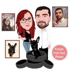 Portrait de couple avec animaux de compagnie, portrait personnalisé à partir d'une photo, portrait de dessin animé, portrait de famille, portrait d'animal de compagnie personnalisé, portrait numérique à partir d'une photo