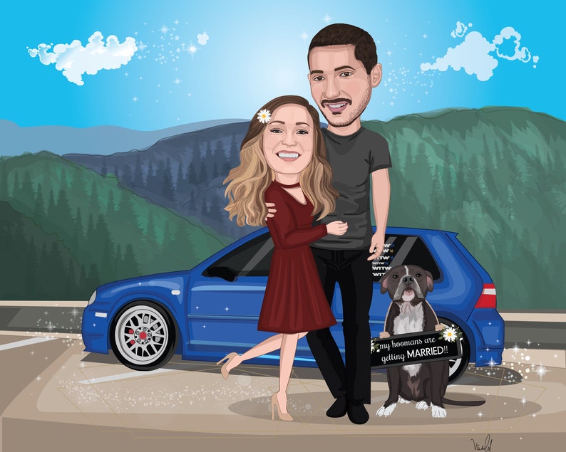 Puede incluir: Ilustraci&oacute;n de dibujos animados de una pareja y su perro junto a un coche azul. La mujer lleva un vestido rojo y el hombre una camiseta negra. El perro sostiene un cartel que dice "My hoomans are getting MARRIED!!"
