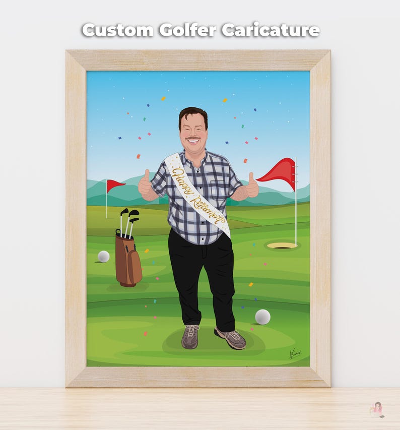 Custom Digital Golfer Caricature Portrait - Personalized Retirement Gift for Golf Lovers image 1