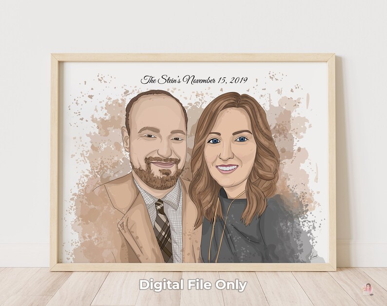 First Anniversary Gift for Husband and Wife, Custom Cartoon Watercolor Couple Portrait From Photo, Personalized Paper Anniversary Art image 3