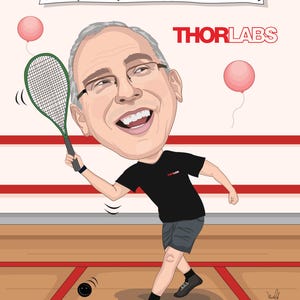 May include: Cartoon illustration of a man playing squash, holding a green and black racket. He wears a black t-shirt with the Thorlabs logo, gray shorts, and black shoes. Two pink balloons float in the background, and text reads "Thank you for all your coaching, guidance and support."