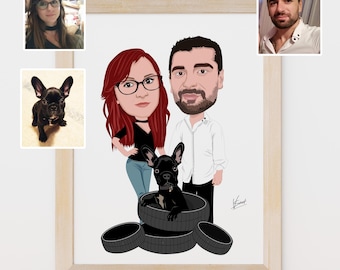 Personlig familjeporträttpresent, parporträtt med husdjur, anpassat porträtt från foto, tecknat porträtt, digital porträttteckning utan AI