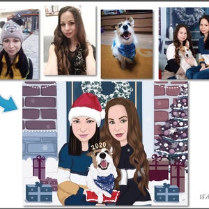 Puede incluir: Ilustraci&oacute;n digital de dos mujeres y un perro en un ambiente navide&ntilde;o. Las mujeres visten atuendos festivos, y el perro lleva un pa&ntilde;uelo azul. El fondo incluye un &aacute;rbol de Navidad, regalos y una chimenea.