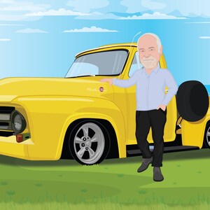 Puede incluir: Ilustraci&oacute;n de una camioneta Ford vintage amarilla brillante con un hombre al lado. La camioneta tiene una rueda de repuesto montada en la parte trasera y la placa dice "NOITOY". El fondo muestra un cielo azul y el mar.