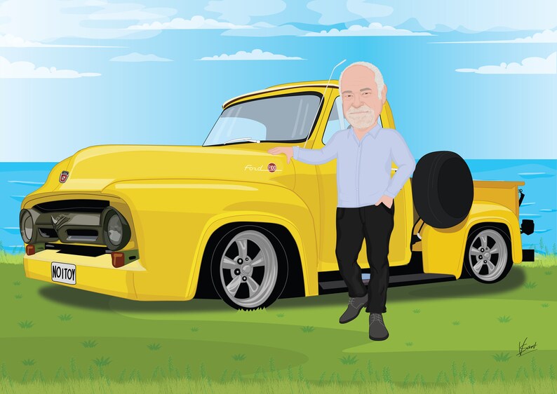 Puede incluir: Ilustraci&oacute;n de una camioneta Ford vintage amarilla brillante con un hombre al lado. La camioneta tiene una rueda de repuesto montada en la parte trasera y la placa dice "NOITOY". El fondo muestra un cielo azul y el mar.