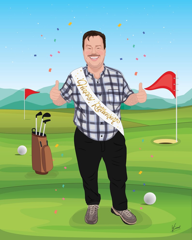 May include: An illustration of a man on a golf course celebrating retirement. He wears a plaid shirt, black pants, and a sash that reads "Happy Retiree". Golf clubs, a golf bag, and golf balls are also visible.